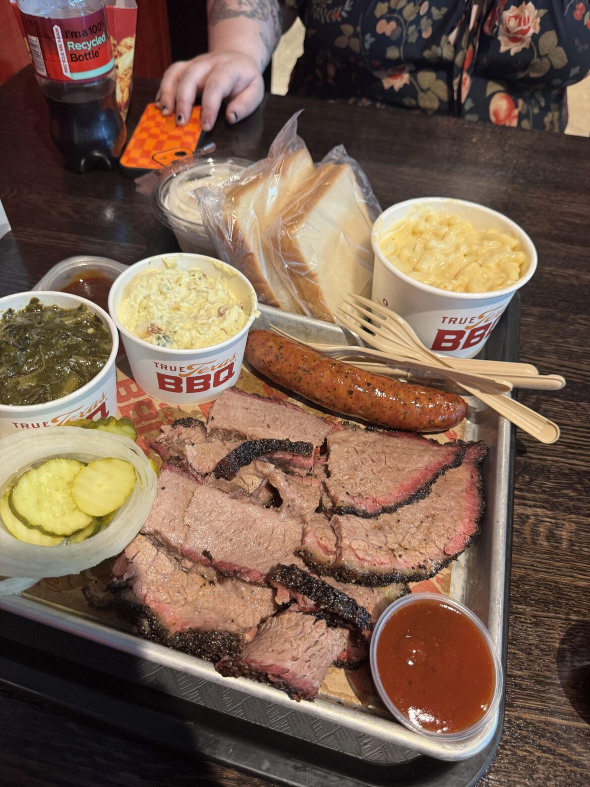 Brisket, Poblano y Queso Sausage, Potato Salad, Mac n Cheese, and Collards [i ate]
