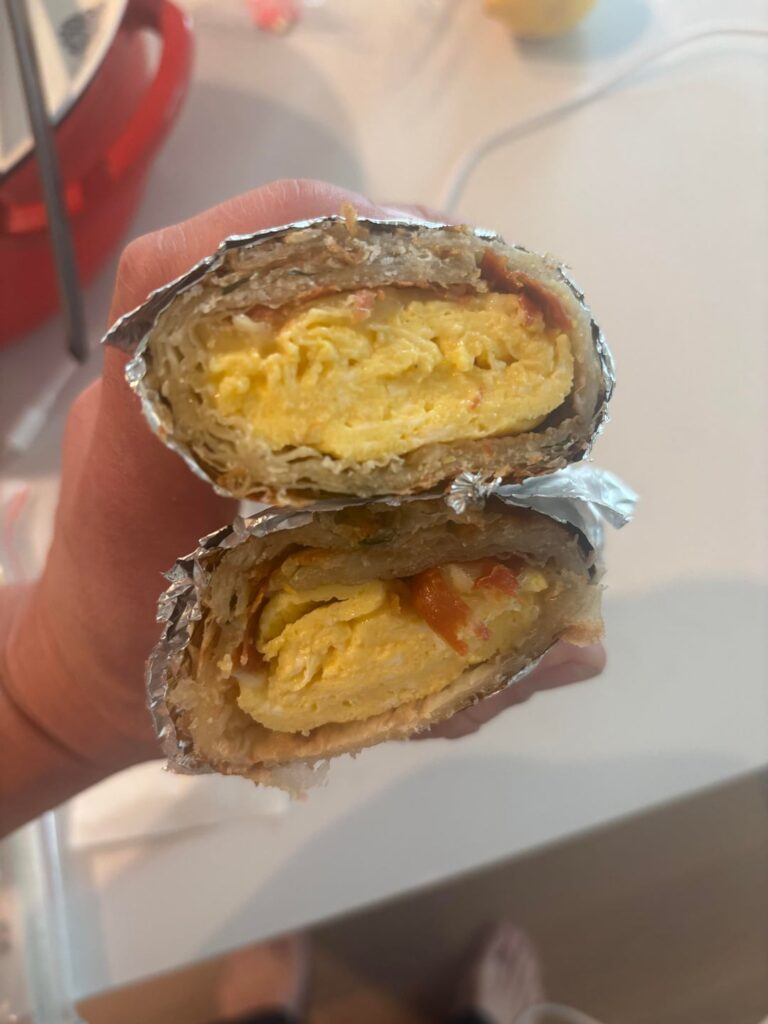 Crispy Prosciutto, egg and cheese wrapped in a scallion pancake