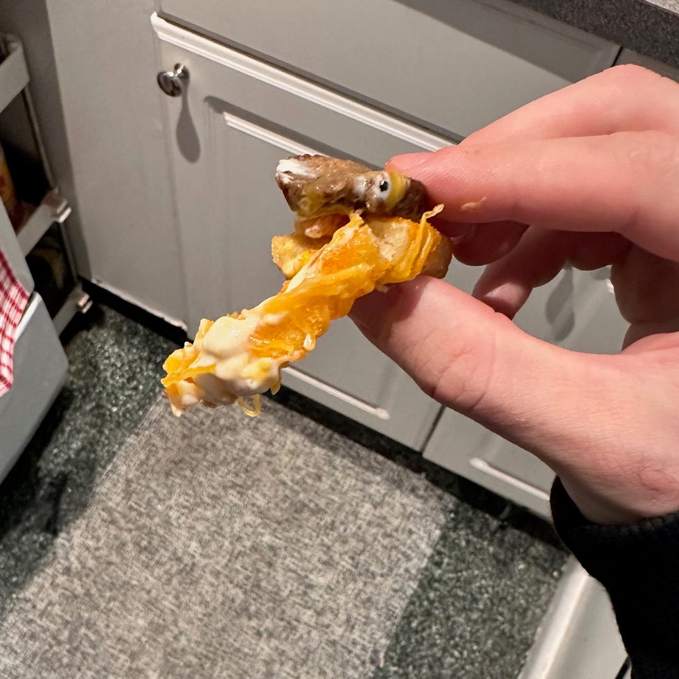 taco bell steak fries hand holding a food item potentially a taco or similar dish with melted cheese and filling