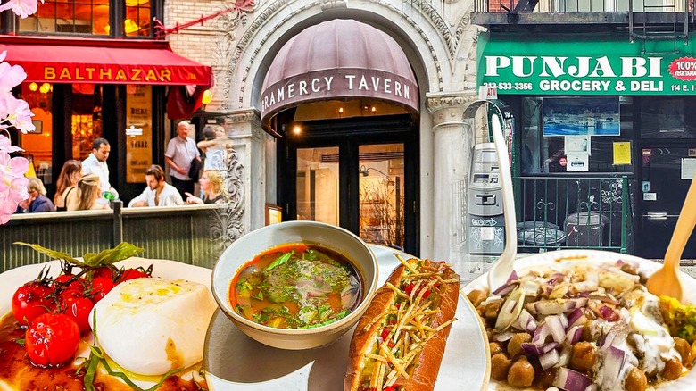Composite image with restaurant fronts of Gramercy Tavern, Punjabi Deli, and Balthazar