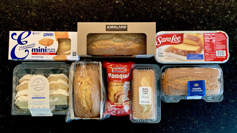 overhead shot of 8 store-bought pounds cakes