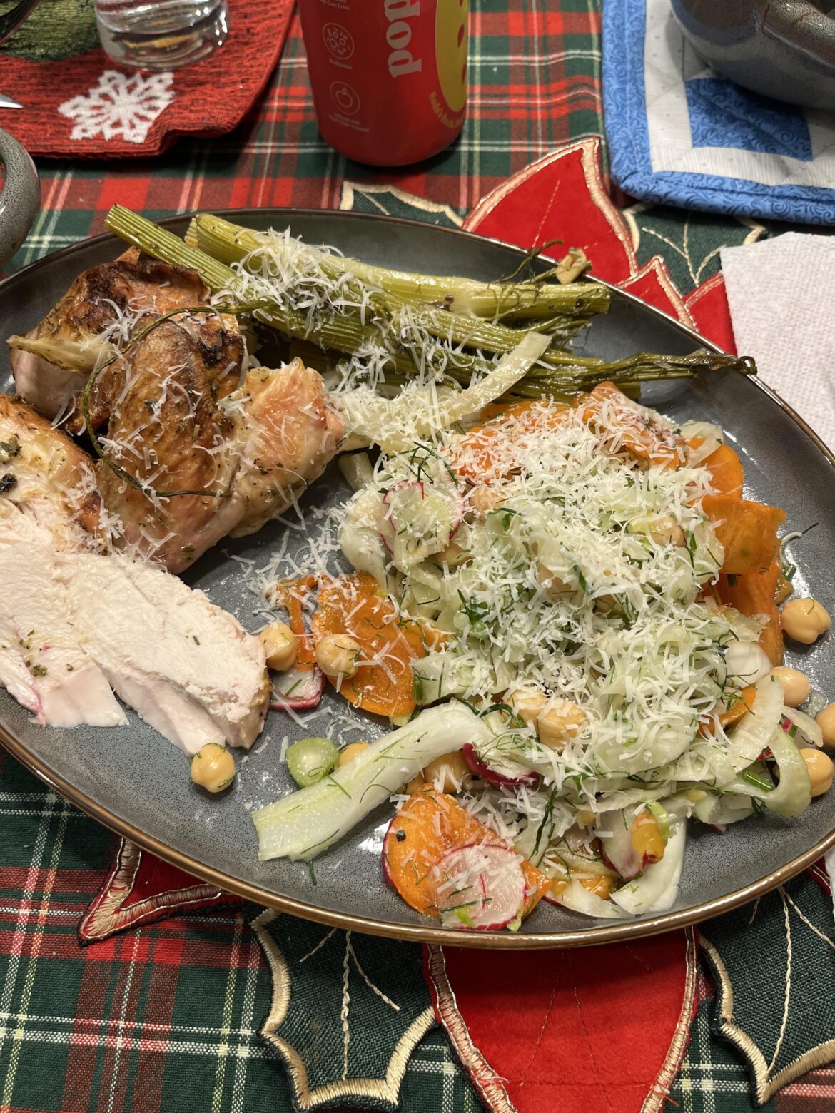 Shaved Fennel Persimmon Salad, Roasted Chicken, French Onion Soup