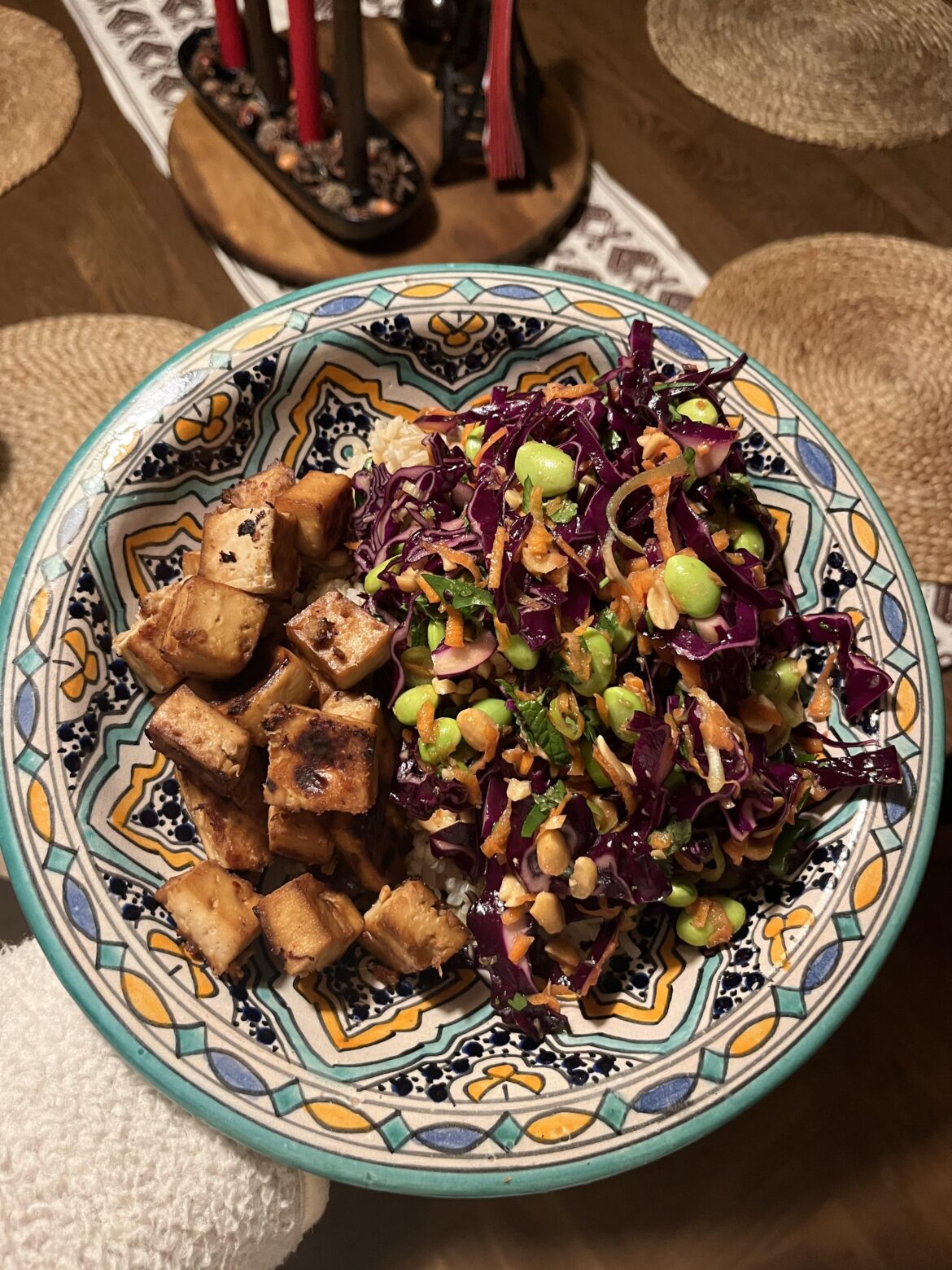 Wanted a massive salad after days of leftovers. Ginger soy slaw with brown rice and baked tofu