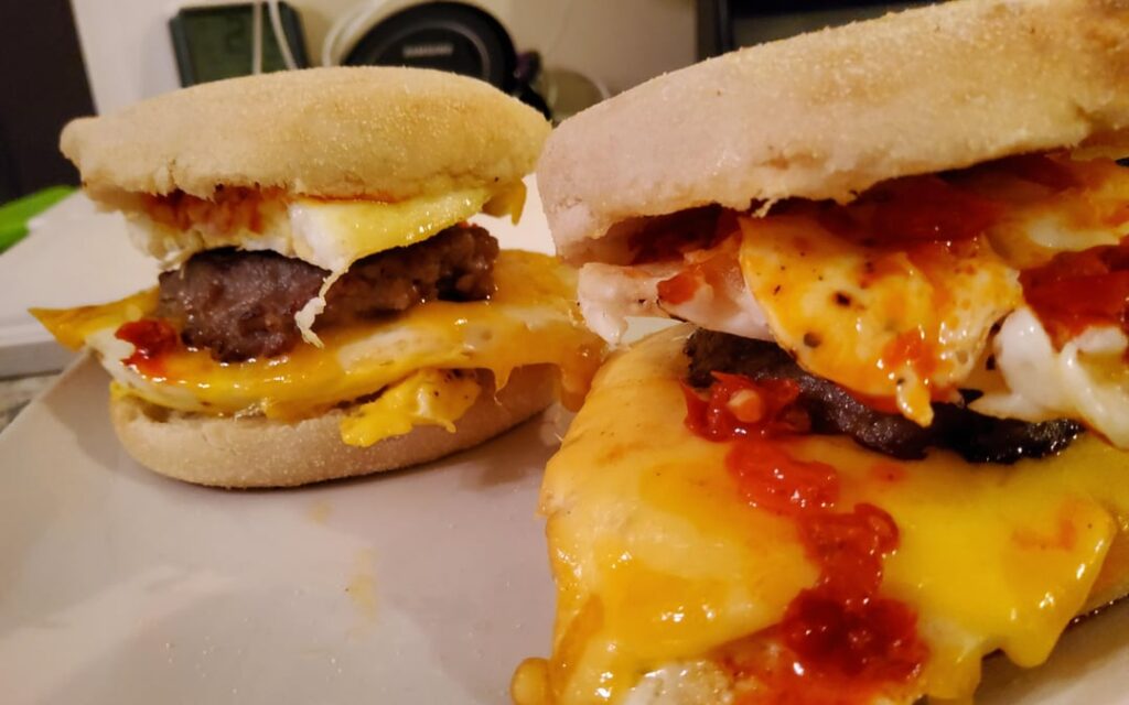 Prepping my breakfast. Sausage egg muffin sandwiches.
