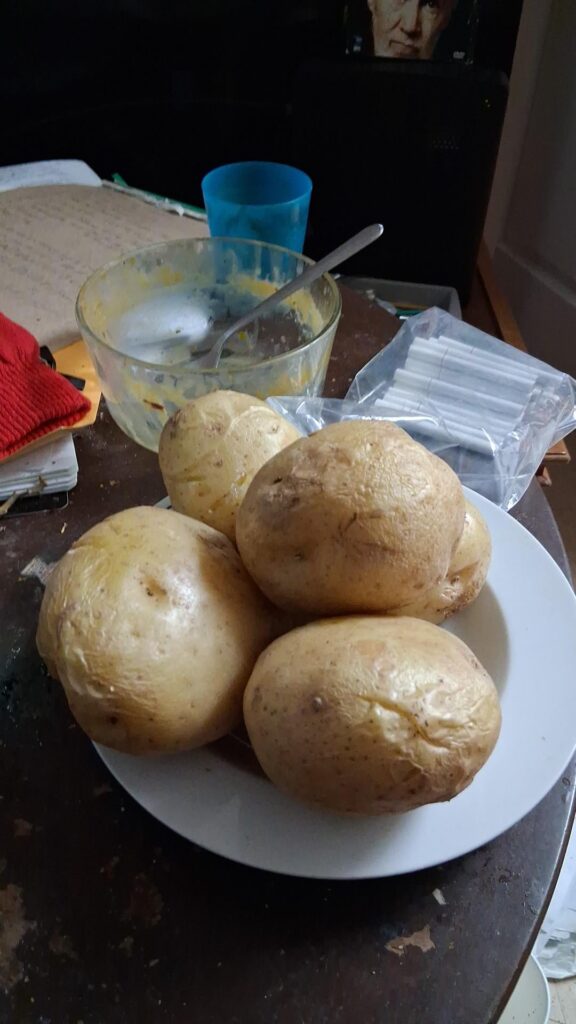 Five large baked potatoes for tonights dinner, I have literally zero money for anything else. God Bless Idaho and Ontario.