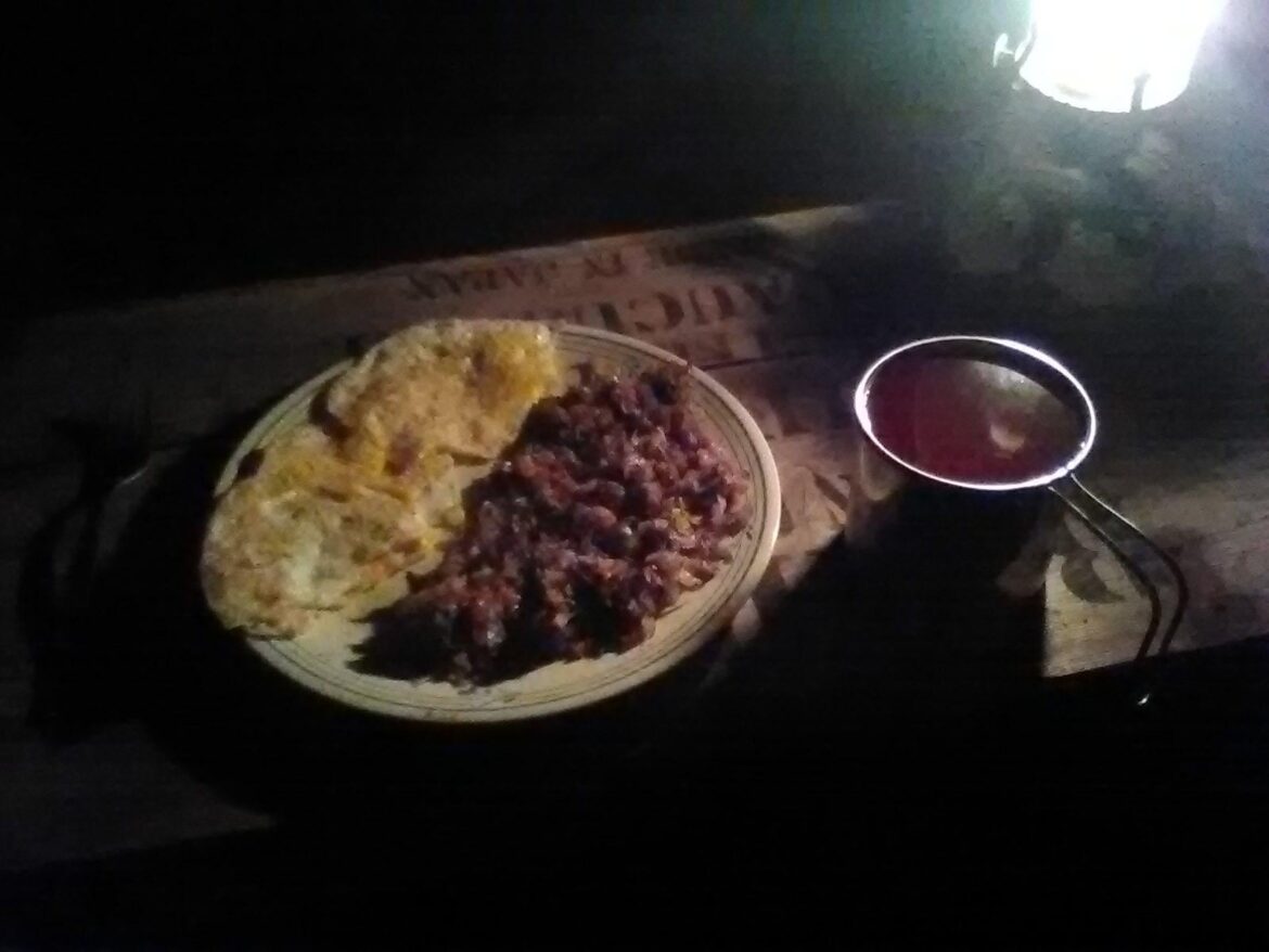 This mornings ration in Chernobyl kitchen: hash browns and eggs. 3 small food pantry potatoes shredded, fried, and salted, 3 eggs, fried (yolks broke with a fork to spread them out in frying). Sugar free fruit punch drink mix in well water. This mornings ration in Chernobyl kitchen: hash browns and eggs. 3 small food pantry potatoes shredded, fried, and salted, 3 eggs, fried (yolks broke with a fork to spread them out in frying). Sugar free fruit punch drink mix in well water.