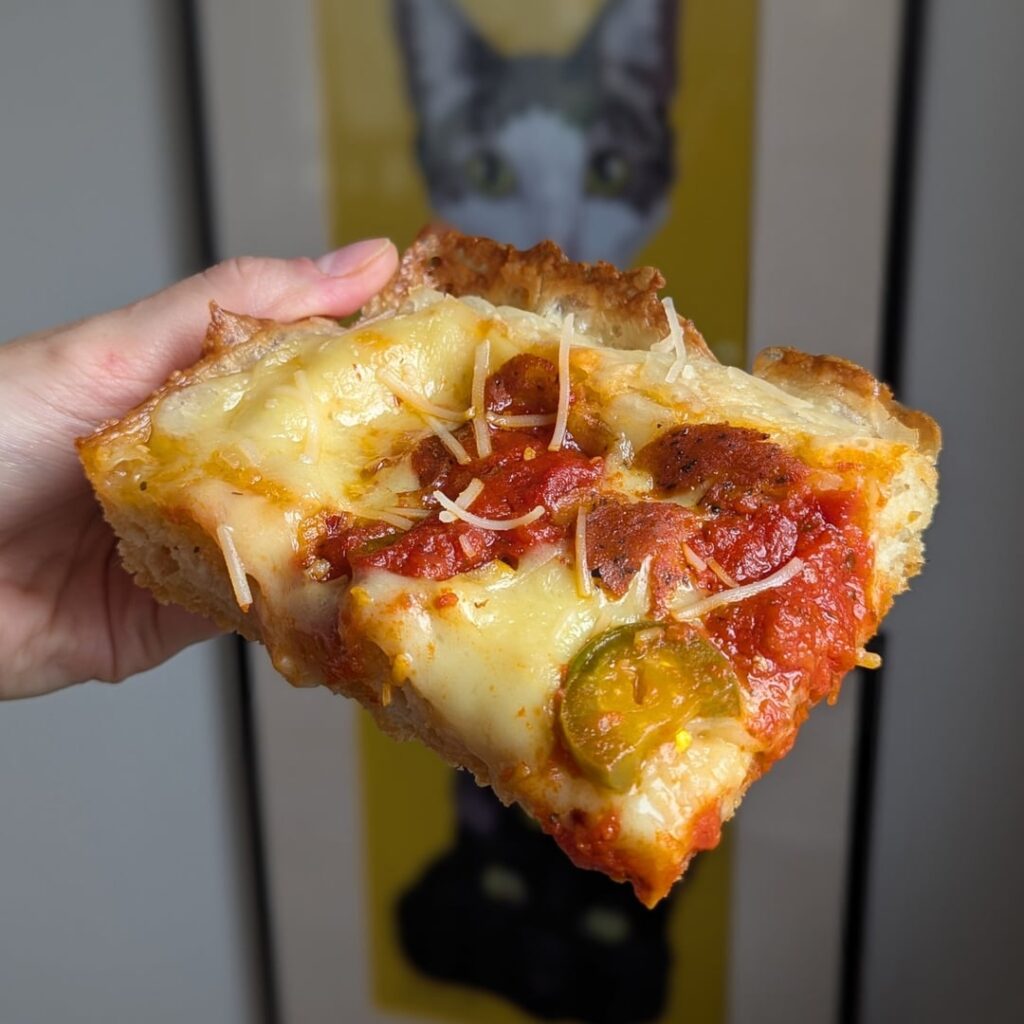 Detroit-style pizza with tofu tendies.
