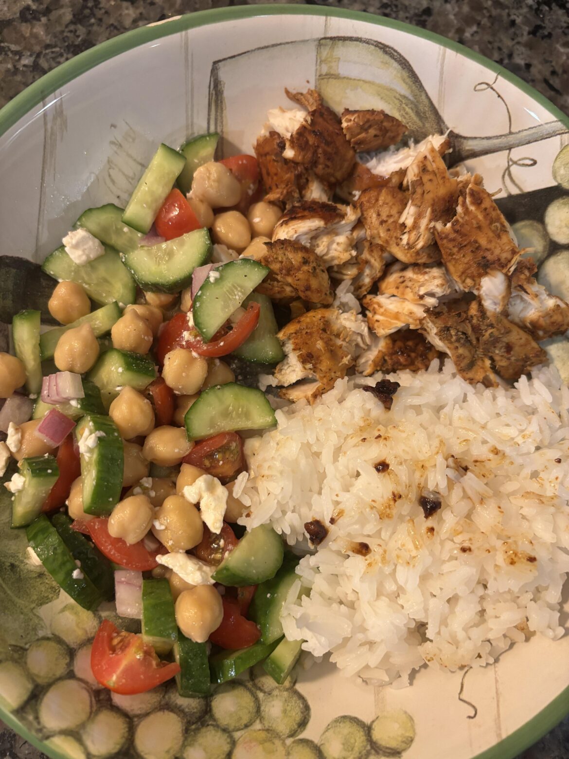 A (modified) med diet dinner - marinated chicken, rice, and chickpea salad