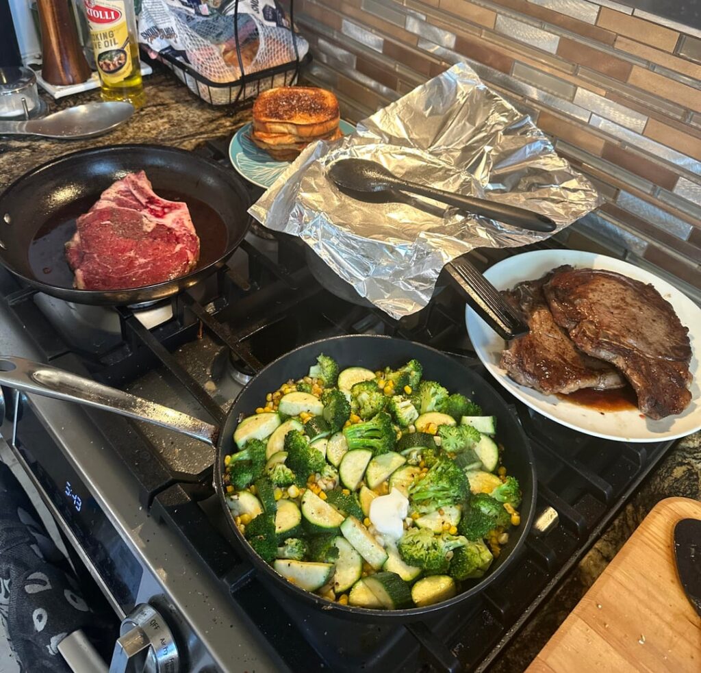 Meal Prep Menu: Steak & Potatoes, Salmon & Pasta, Chicken & Rice, Tacos, and Veggies