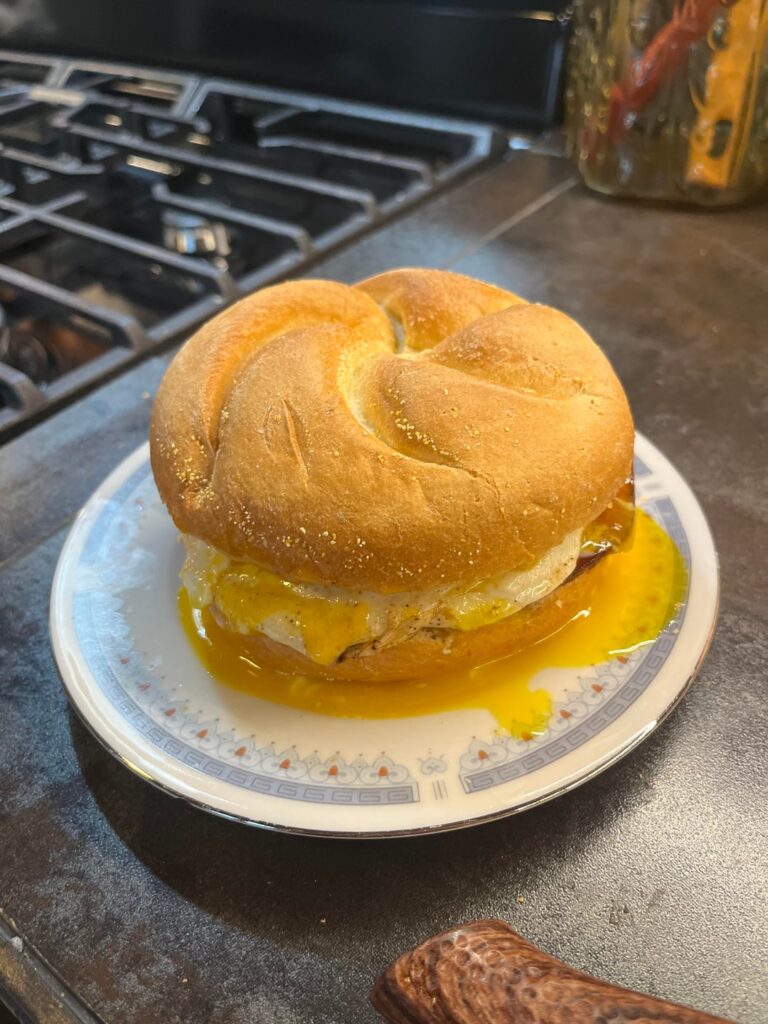 Taylor ham egg and cheddar on a Kaiser roll