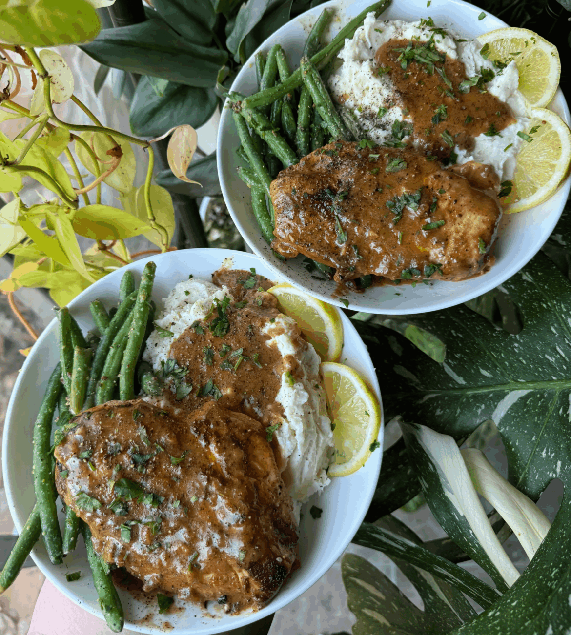 Lemon dijon chicken with roasted garlic parmesan mashed potatoes and garlicky green beans