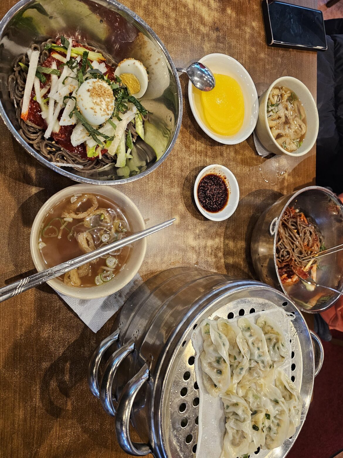Bibim buckwheat noodles and Korean dumplings.