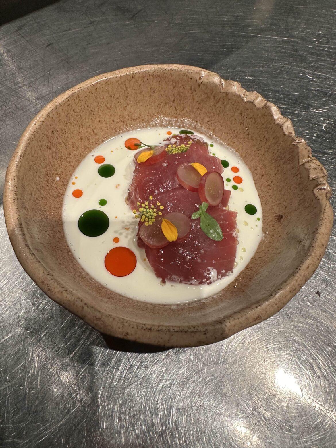 Tuna Ajoblanco, red globe and paprika & chive oil