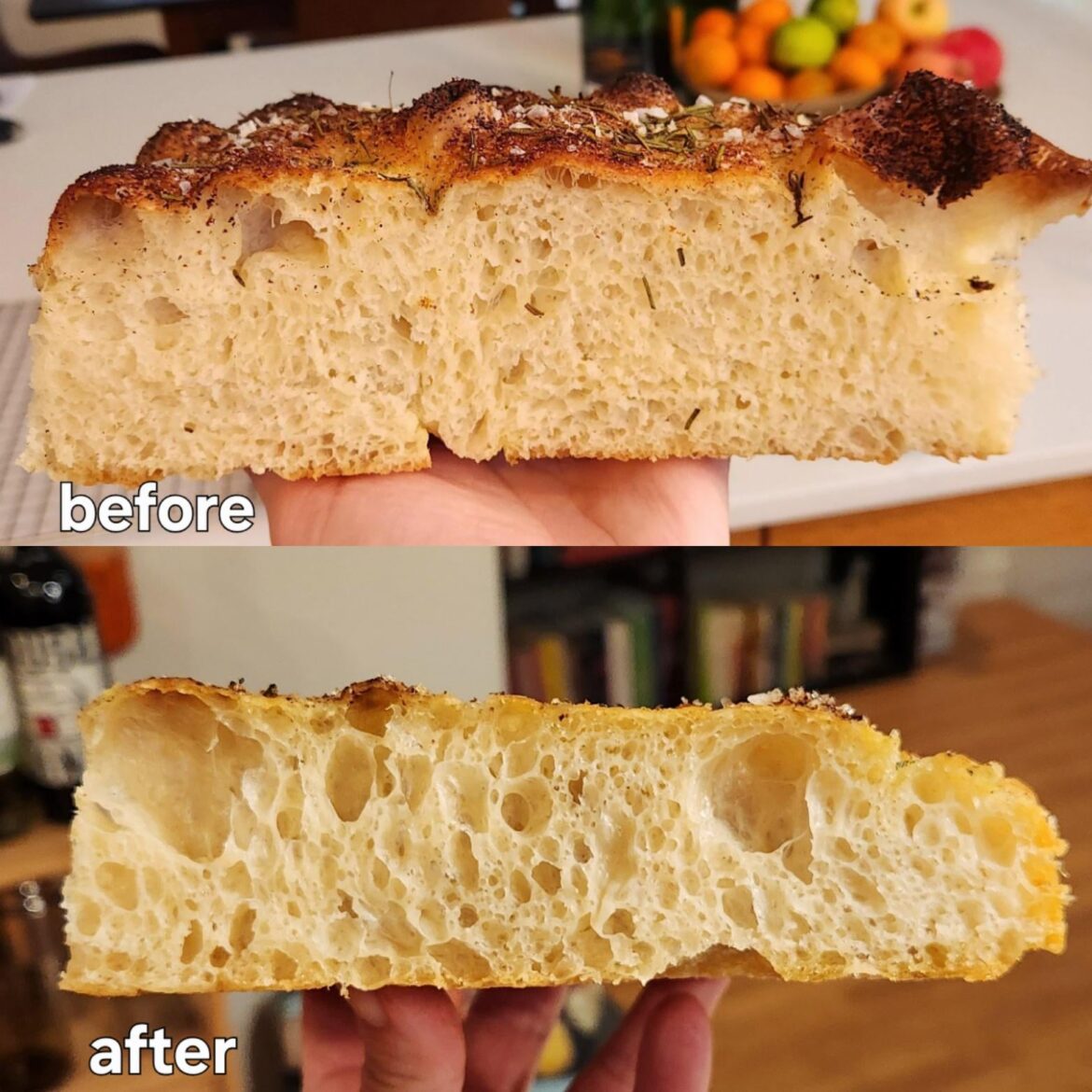 Before and after of my focaccia (thanks Breadit!)