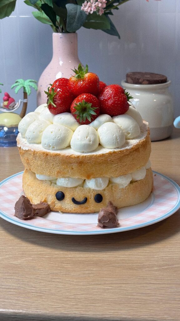 I made Jellycat Cake (Chiffon cake filled with vanilla ganache and strawberries 🍓✨)