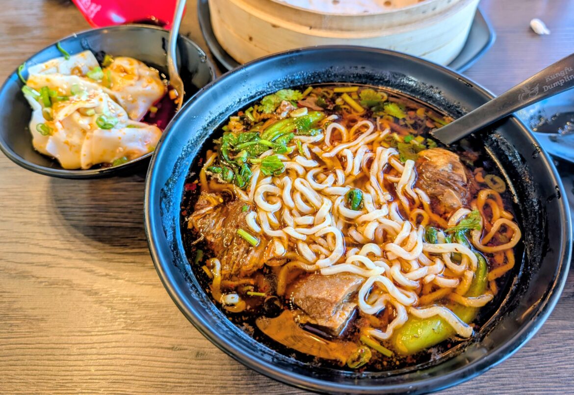 Szechuan beef brisket noodles and spicy wontons