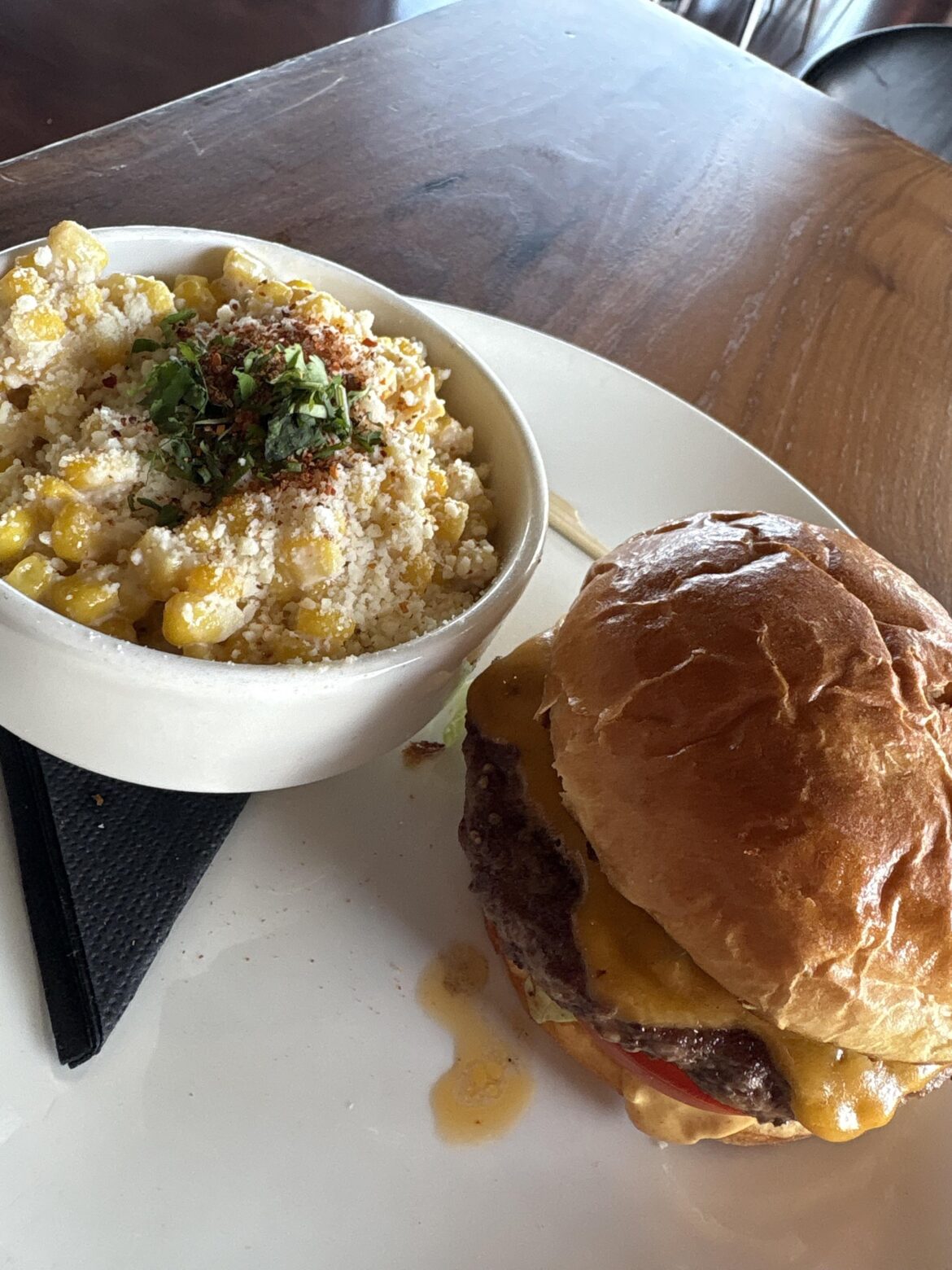 Theater on the lake cheeseburger with elote