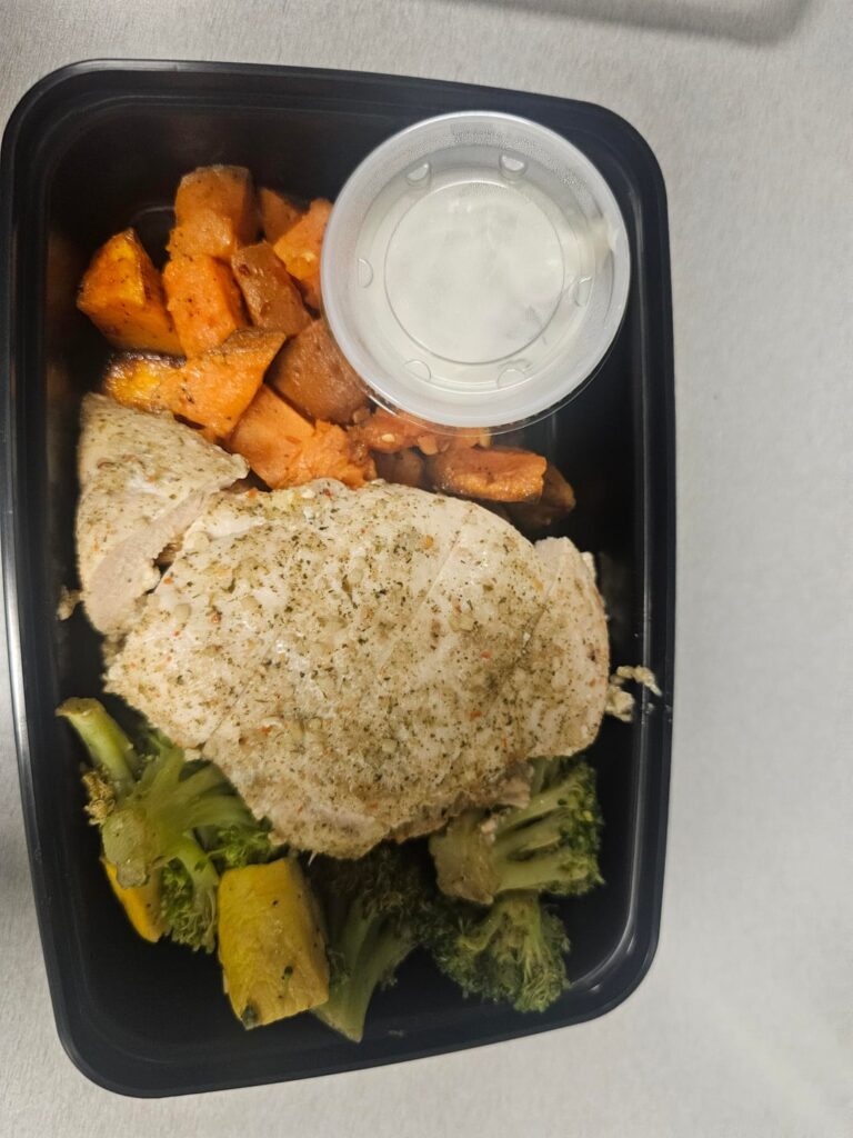 Chili Lime Chicken with Mixed Vegetables and sweet potato. Sour cream dipping sauce.