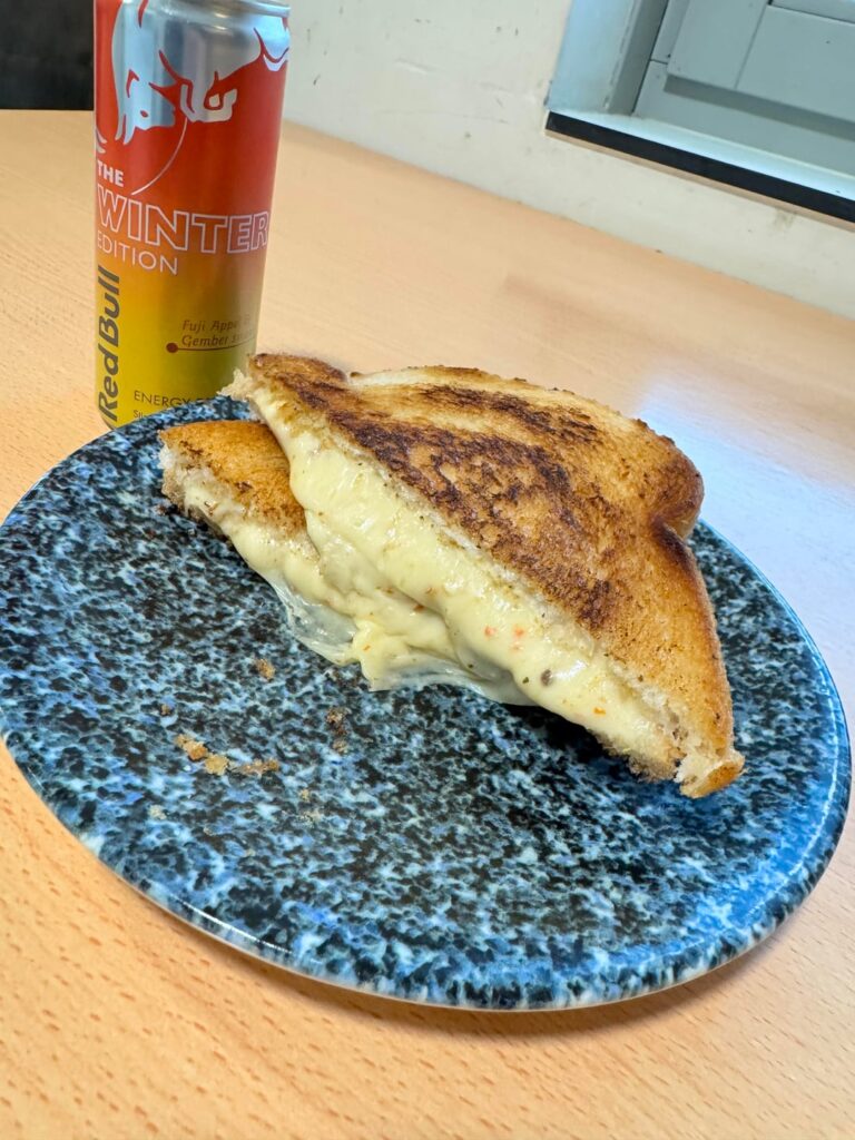 kimchi grilled cheese with red bull