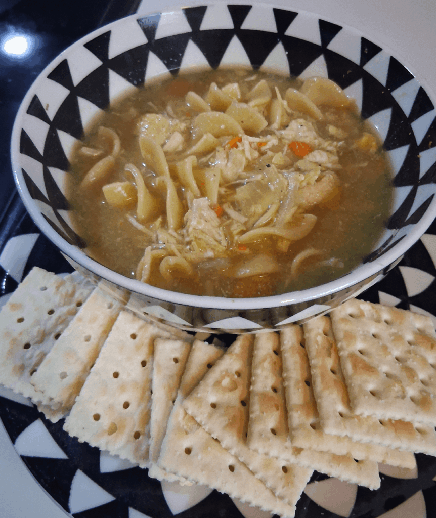 Chicken noodle soup requested by sick husband, added ground ginger, coriander, and turmeric for an extra sumthin