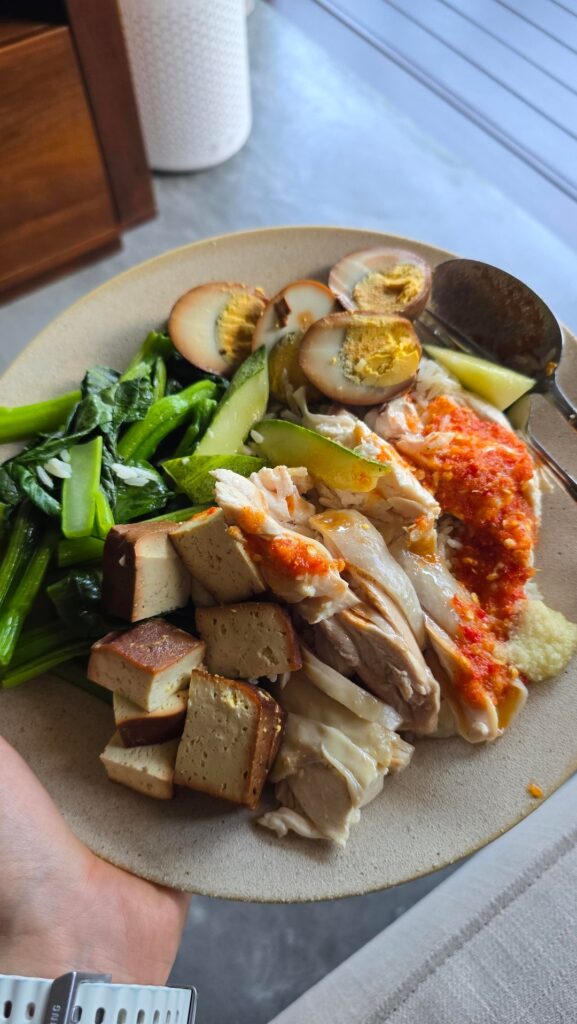 chicken breast, firm tofu, eggs, veg.