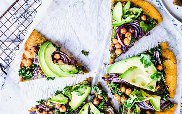 Chickpea, Pesto, and Caramelized Red Onion Pizza with Sweet Potato Crust [Vegan, Gluten-Free]