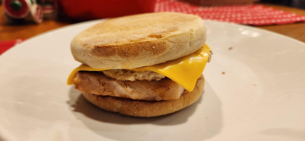 Leftover Christmas ham makes for a good egg mcmuffin.