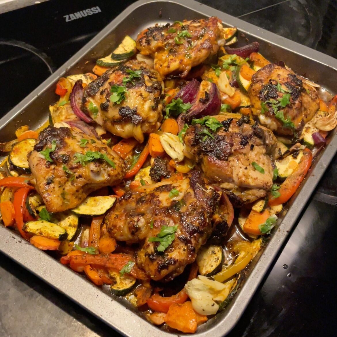 Oven roasted chicken thighs + veggies Oven roasted chicken thighs + veggies