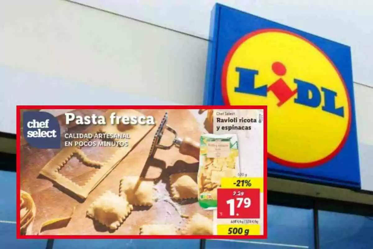 Image of a fresh pasta promotion from the Chef Select brand at a Lidl supermarket, featuring ricotta and spinach ravioli with a 21% discount and a price of 1.79 euros per 500 grams.