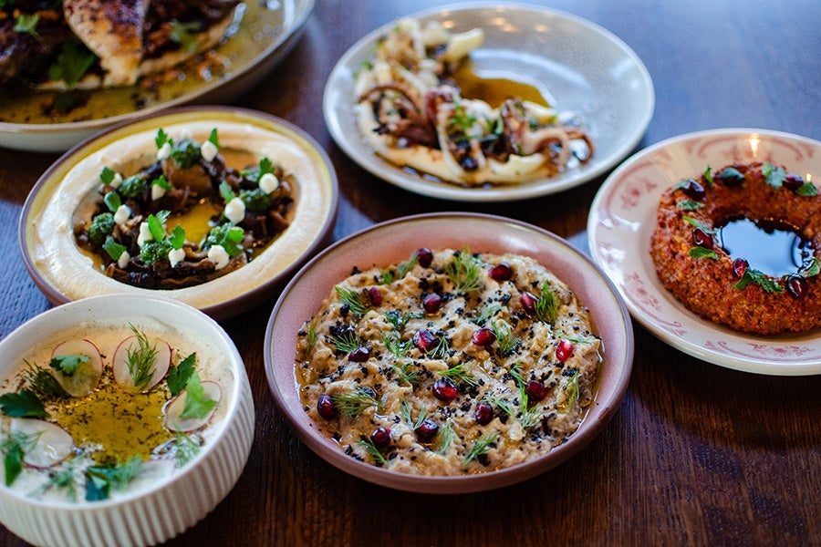 A variety of Middle Eastern dishes are displayed on a wooden table. There is a bowl of creamy hummus topped with herbs and small dollops of white sauce, a plate of grilled squid with herbs and sauce, a dish of baba ganoush garnished with pomegranate seeds and fresh dill, a round serving of red lentil or bulgur salad decorated with pomegranate seeds and herbs, and another bowl of creamy dip garnished with radish slices, herbs, and olive oil.