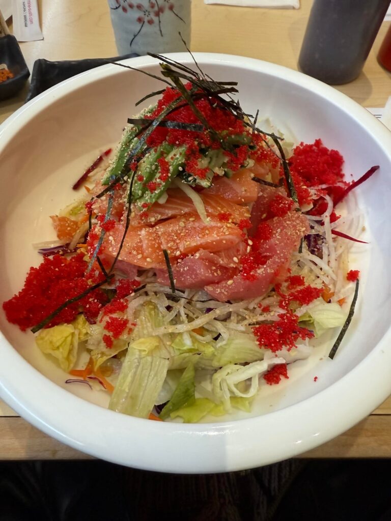 Sashimi donburi (hwae dup bap) salad, which had lettuce, radish, cabbage, carrots. Mostly asking about the sauce; owner said salad dressing had fruit, vinegar, salt. The spicy sauce was like a bibimbap sauce so it had gochugang but idk the rest of the ingredients Sashimi donburi (hwae dup bap) salad, which had lettuce, radish, cabbage, carrots. Mostly asking about the sauce; owner said salad dressing had fruit, vinegar, salt. The spicy sauce was like a bibimbap sauce so it had gochugang but idk the rest of the ingredients