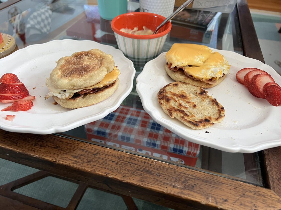 Stone and Skillet English Muffins, bacon, egg, & cheese. And breakfast sauce is the game changer.