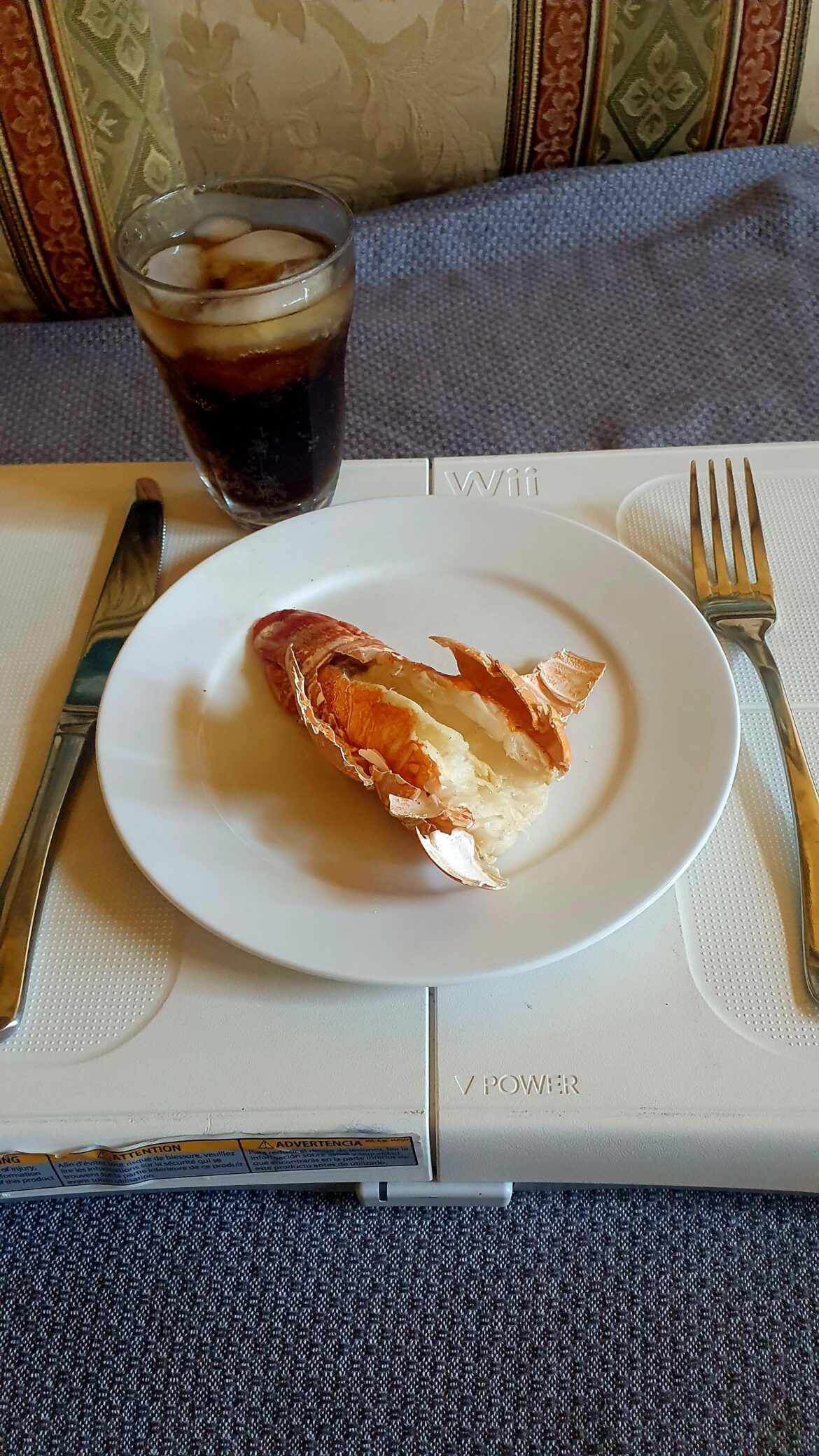 Lobster tail and Pepsi Max served on Wii Balance Board