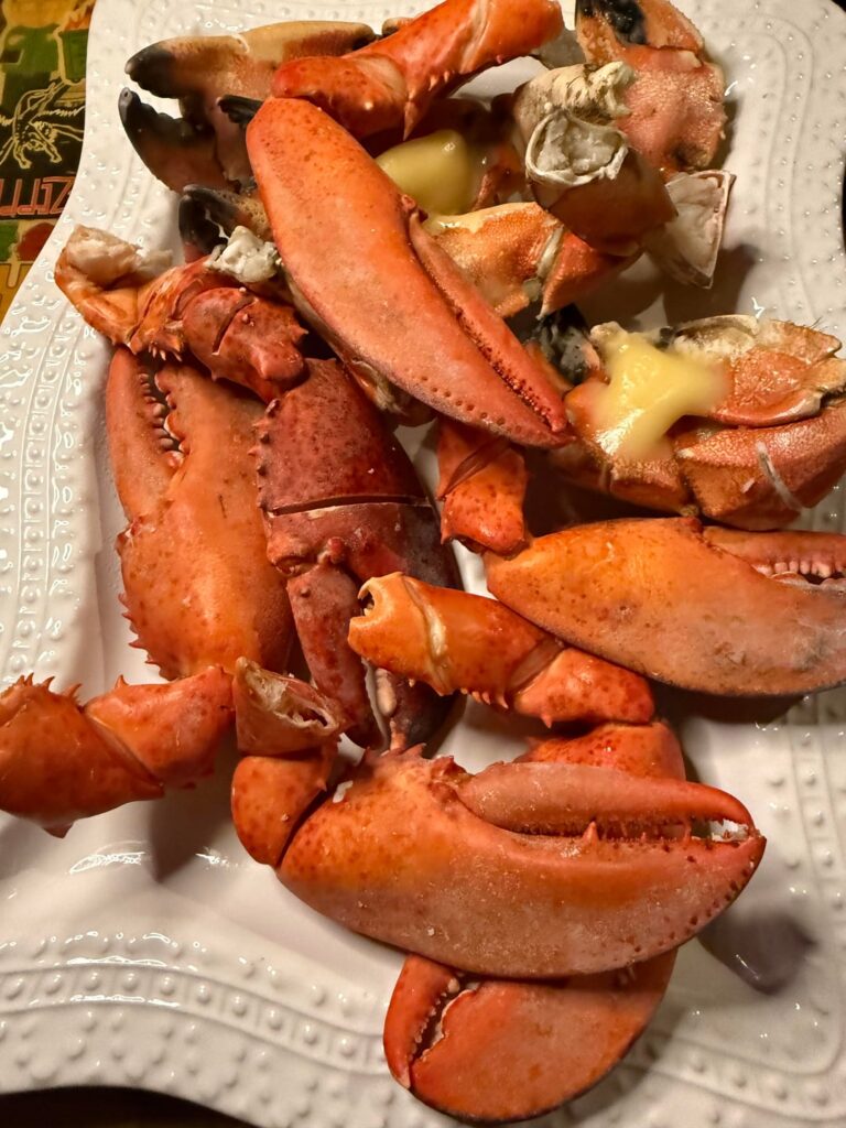 Lobster claws, rock crab claws, and clams.