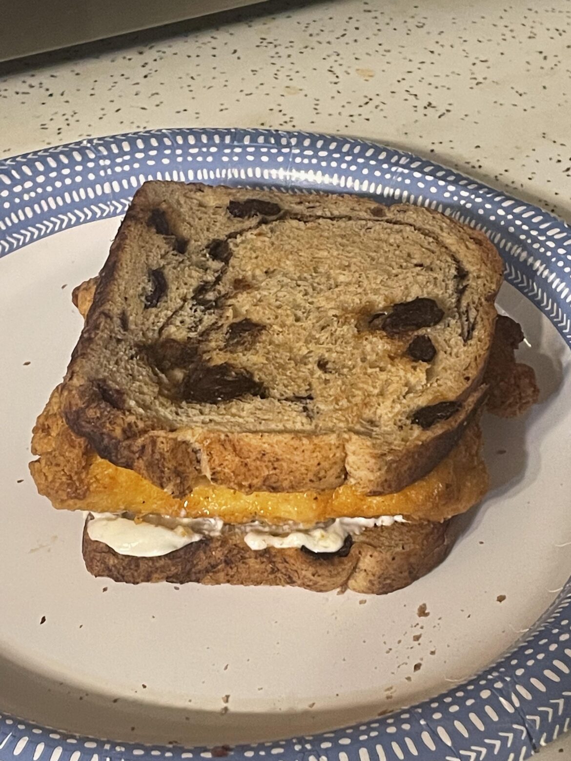 Buffalo chicken tenders on raisin toast with jalepeno cream cheese.