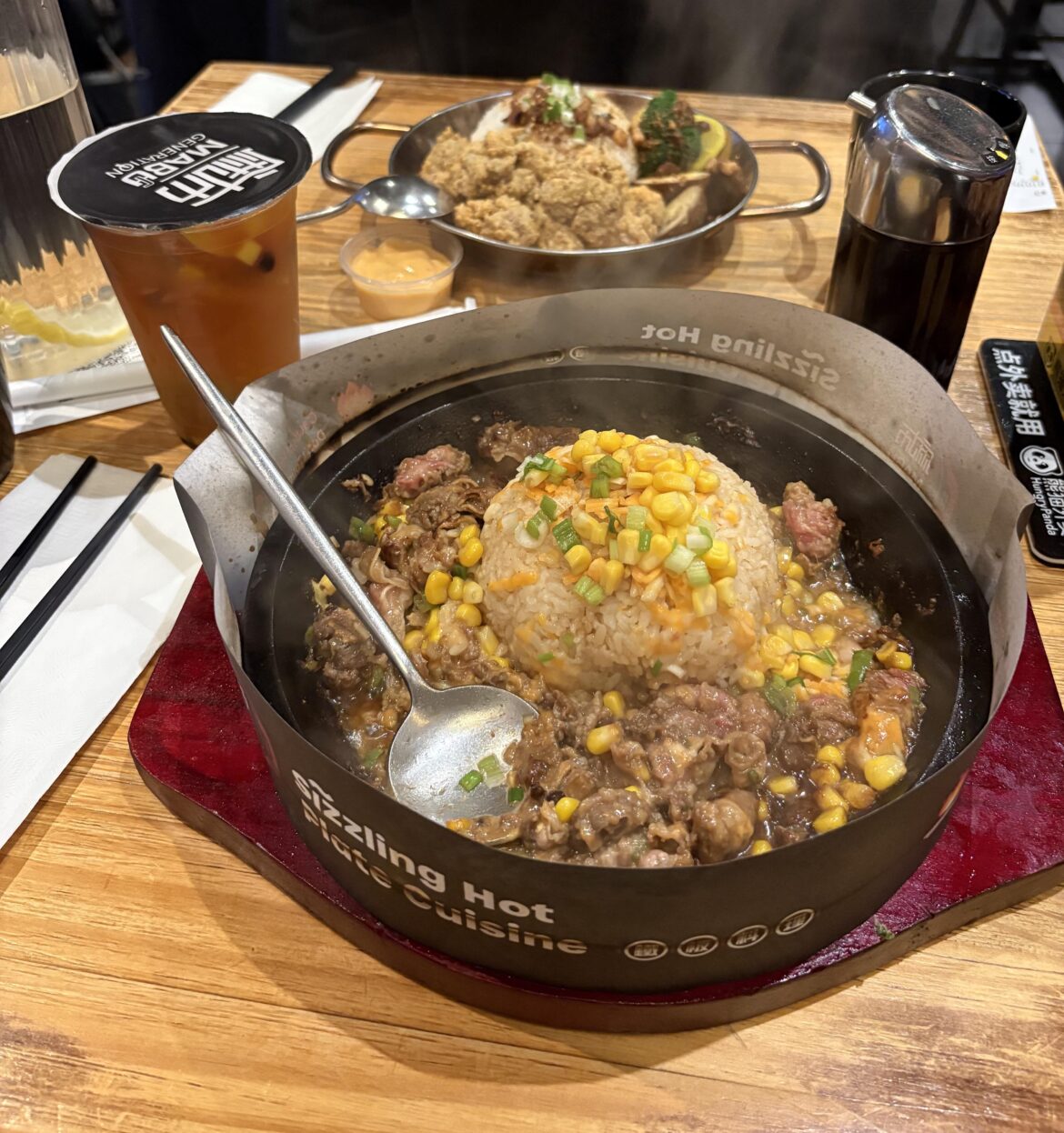 Japanese Sizzling Beef Plate, Taiwanese Popcorn Chicken, and Fruit Tea