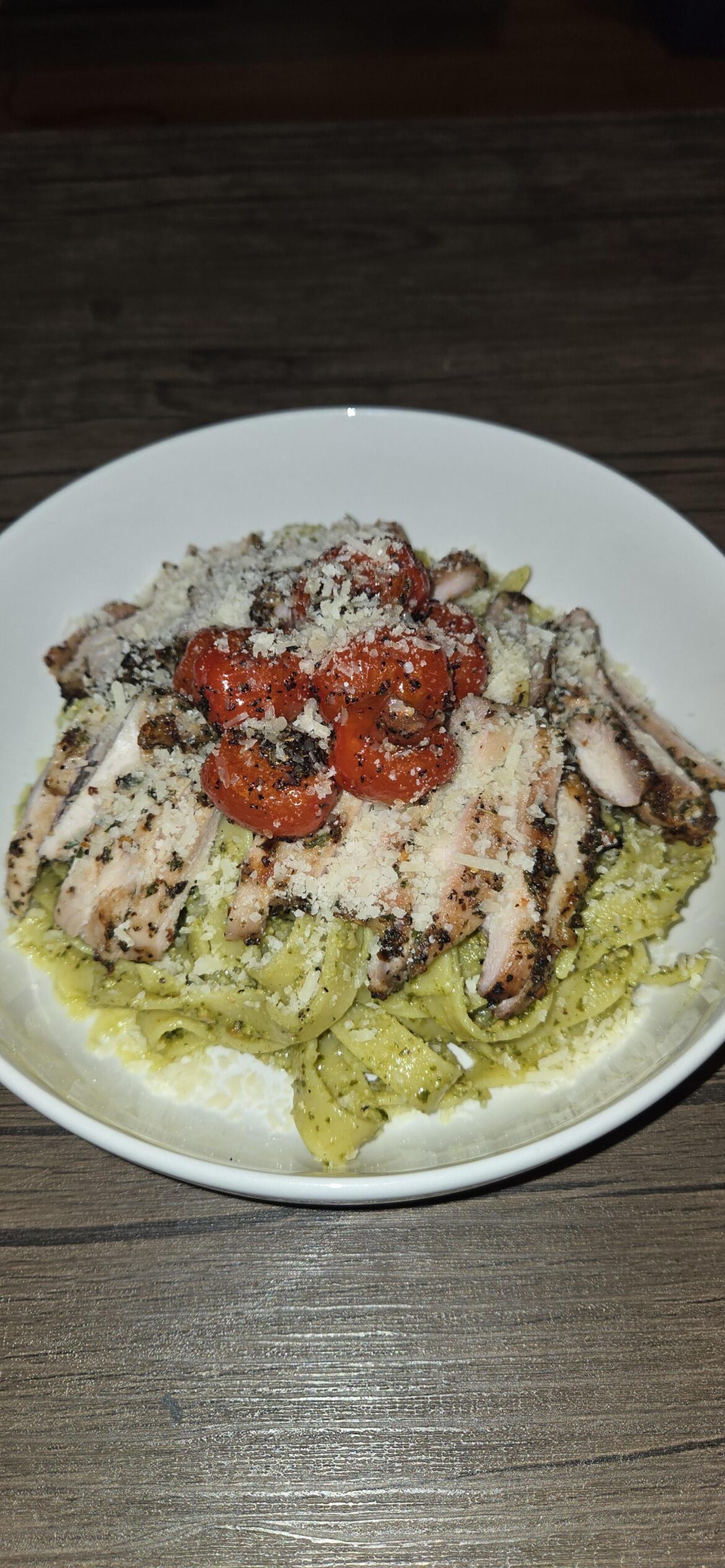 Made pesto pasta with some chicken, blistered tomatoes and parmesan