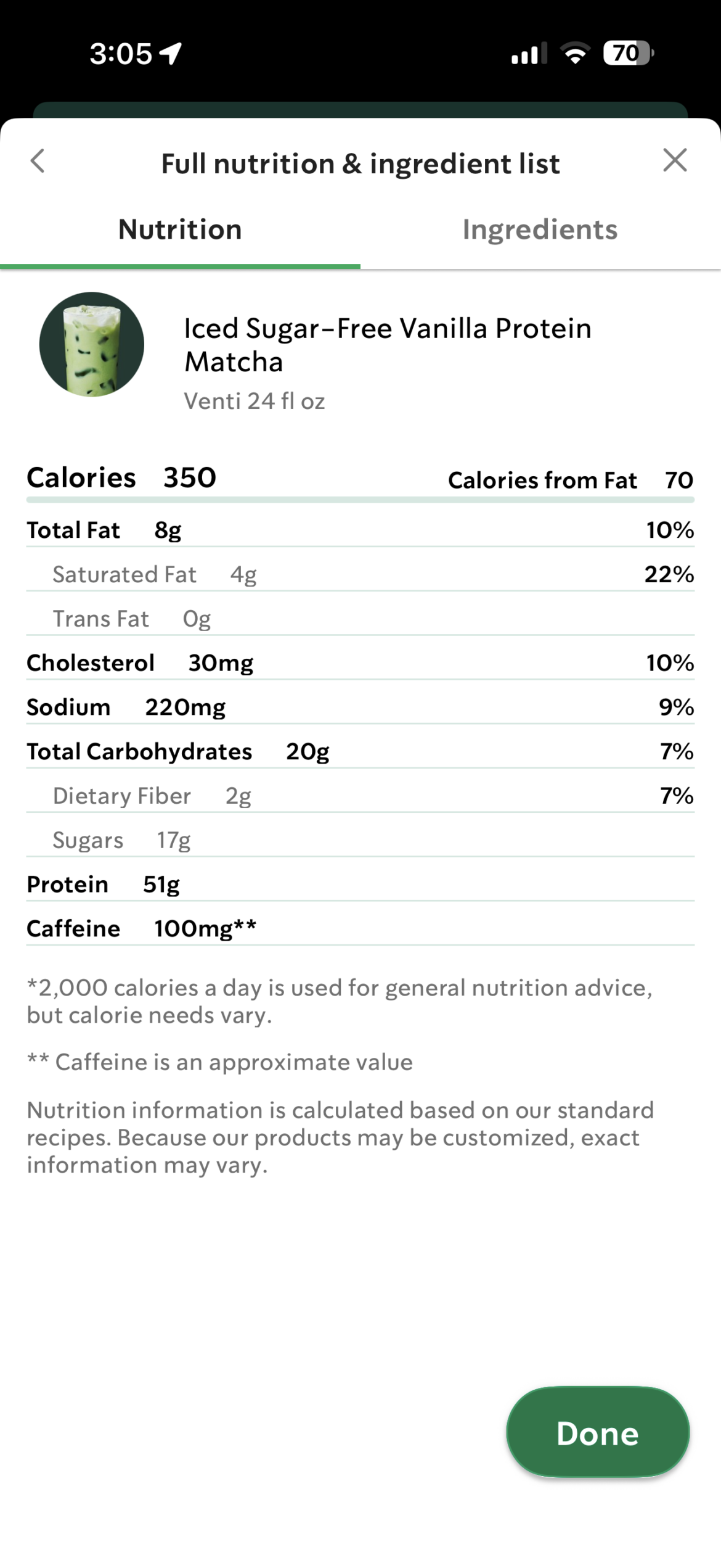 Starbucks Protein Matcha Macros