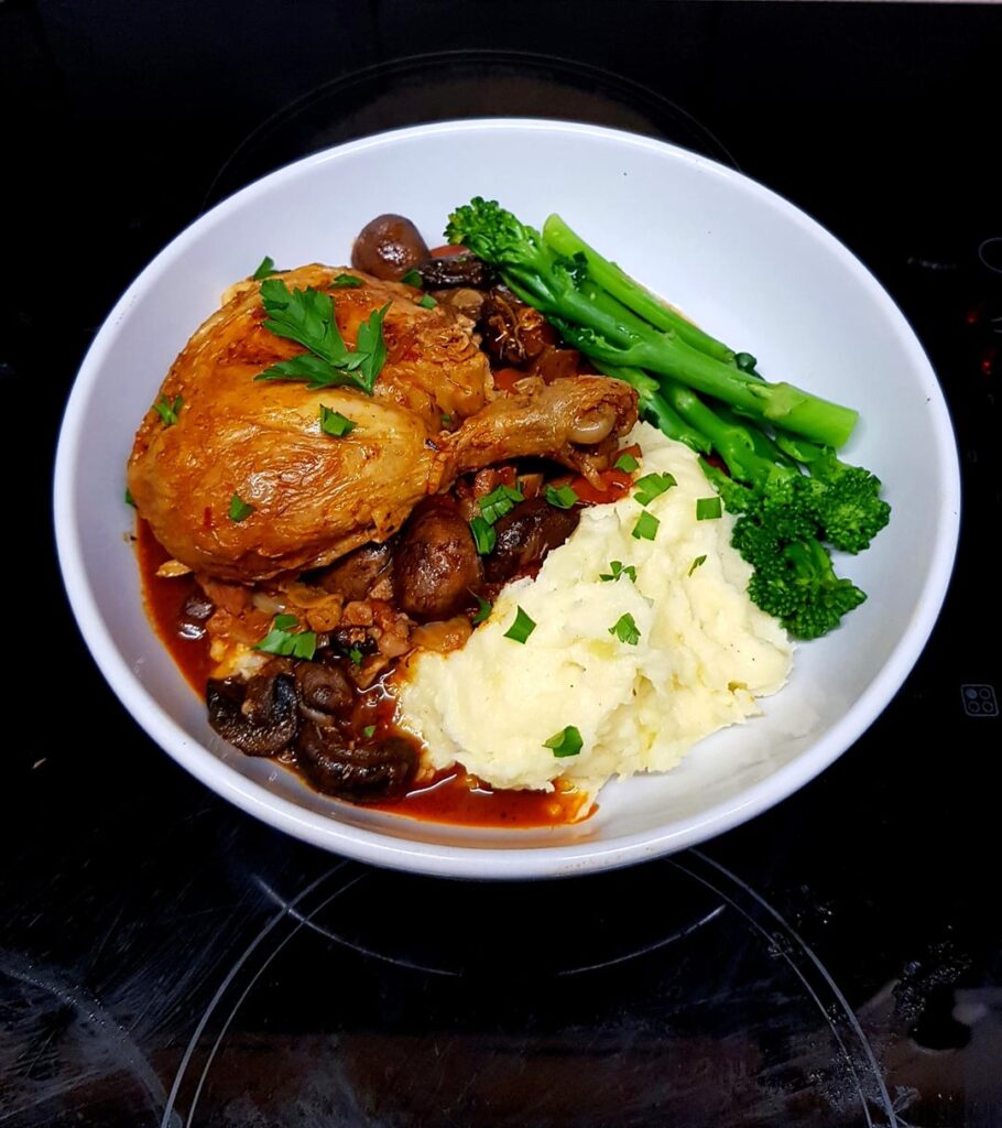 Chicken Chassuer, Mashed Potato and Tenderstem Brocolli.