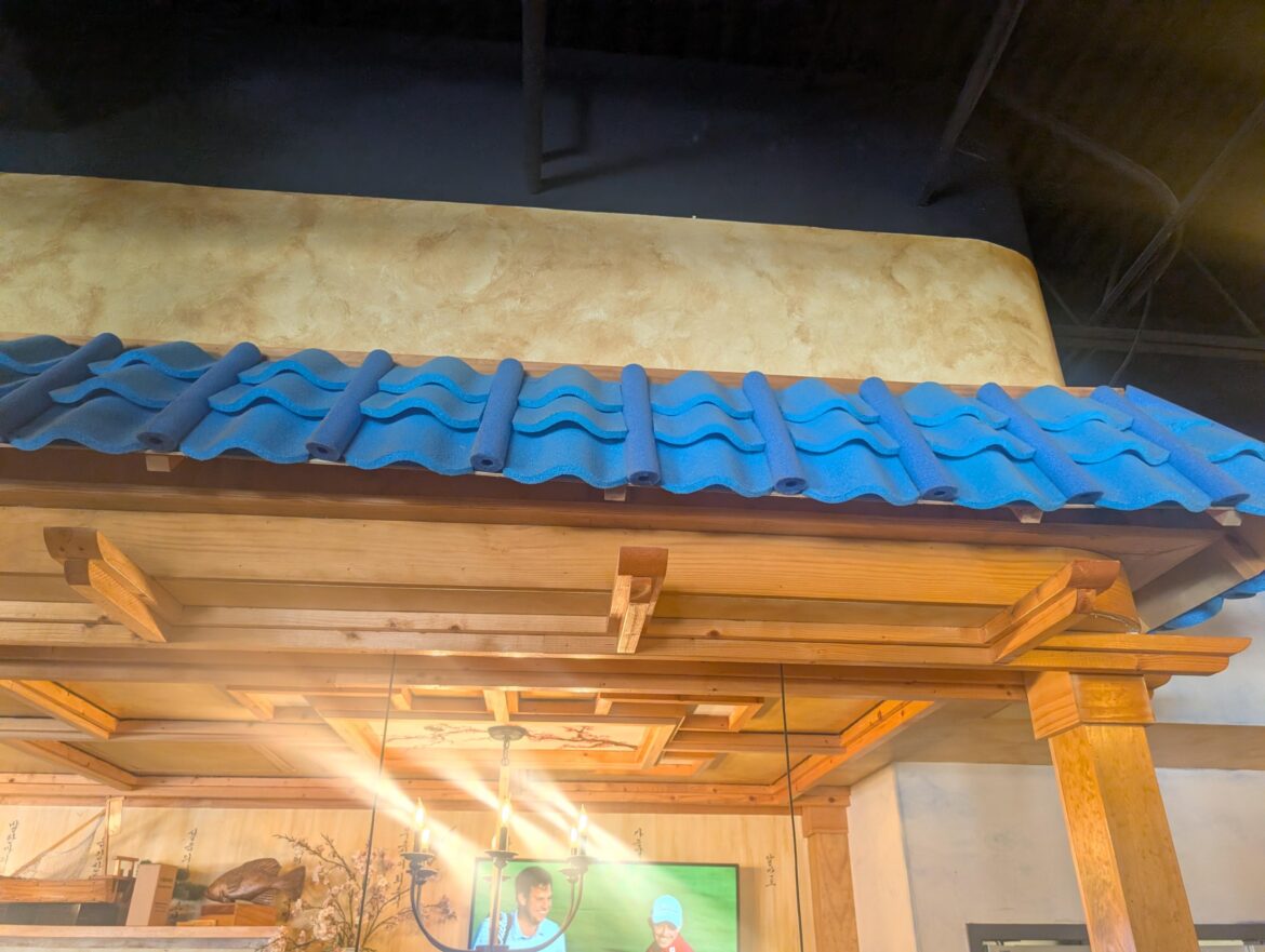 This sushi bar's roof tiling is just cut pool toys.