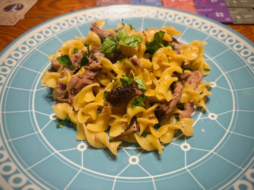 Brisket and egg noodle dinner