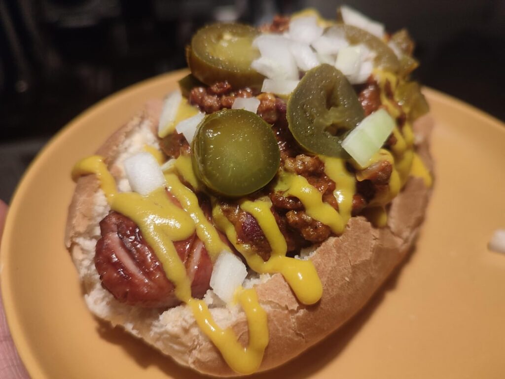 Matteson's smoked sausage chilli dog using leftover chilli