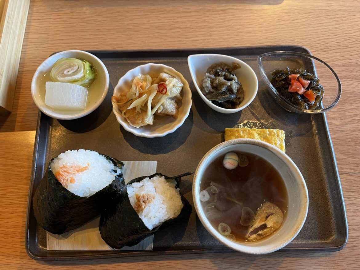 Japanese Breakfast, Two onigiri rice balls, miso soup, tamagoyaki, simmered vegetables and pickled vegetables