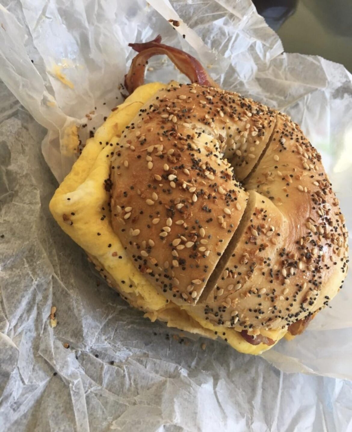 Bacon egg cheese on everything bagel