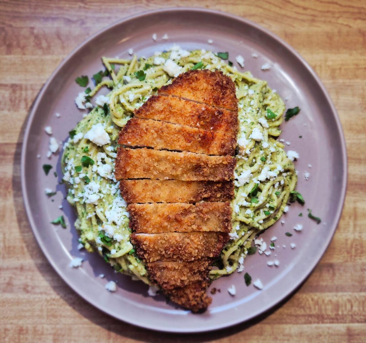 Spaghetti verde and chicken cutlets