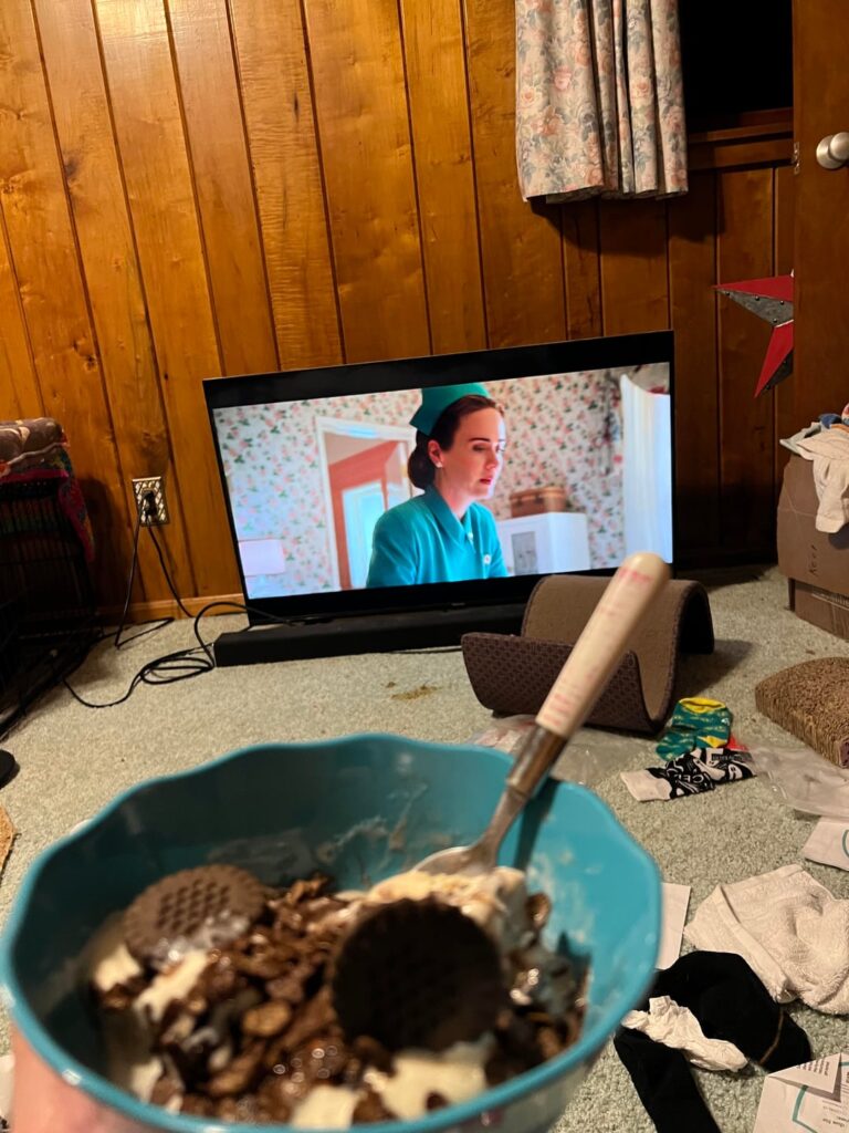 Watching Ratched with the best bowl of ice cream I’ve ever made (ignore the depression room around me)