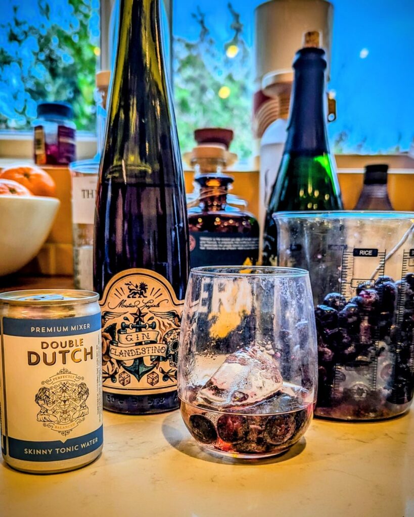 Christmas lunch with friends. Gin tonic with fermented blueberries, bucatini with duck ragu, barolo beef stew with fermented vegetables (giardiniera), panettone with tiramisù cream