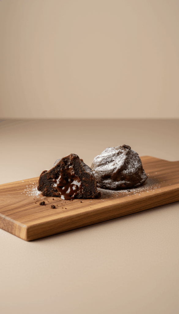 A dark chocolate lava cake cookie finished with a light dusting of powdered sugar.