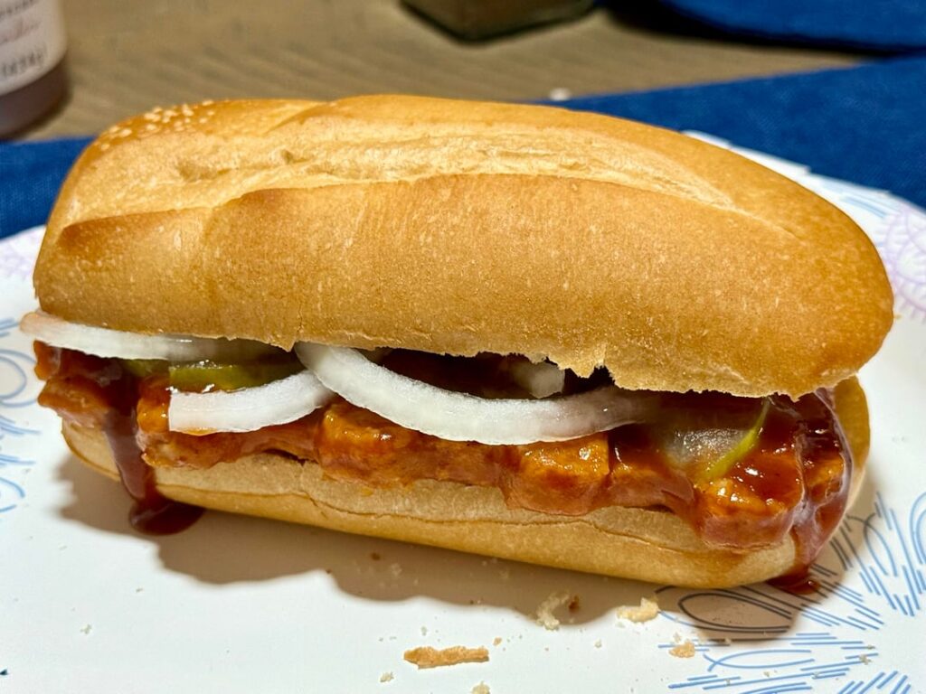 I missed the McRib window, so I got the next best slop: a homemade On-Cor designer imposter McRib with Kinders bbq sauce. I'm lovin' it.