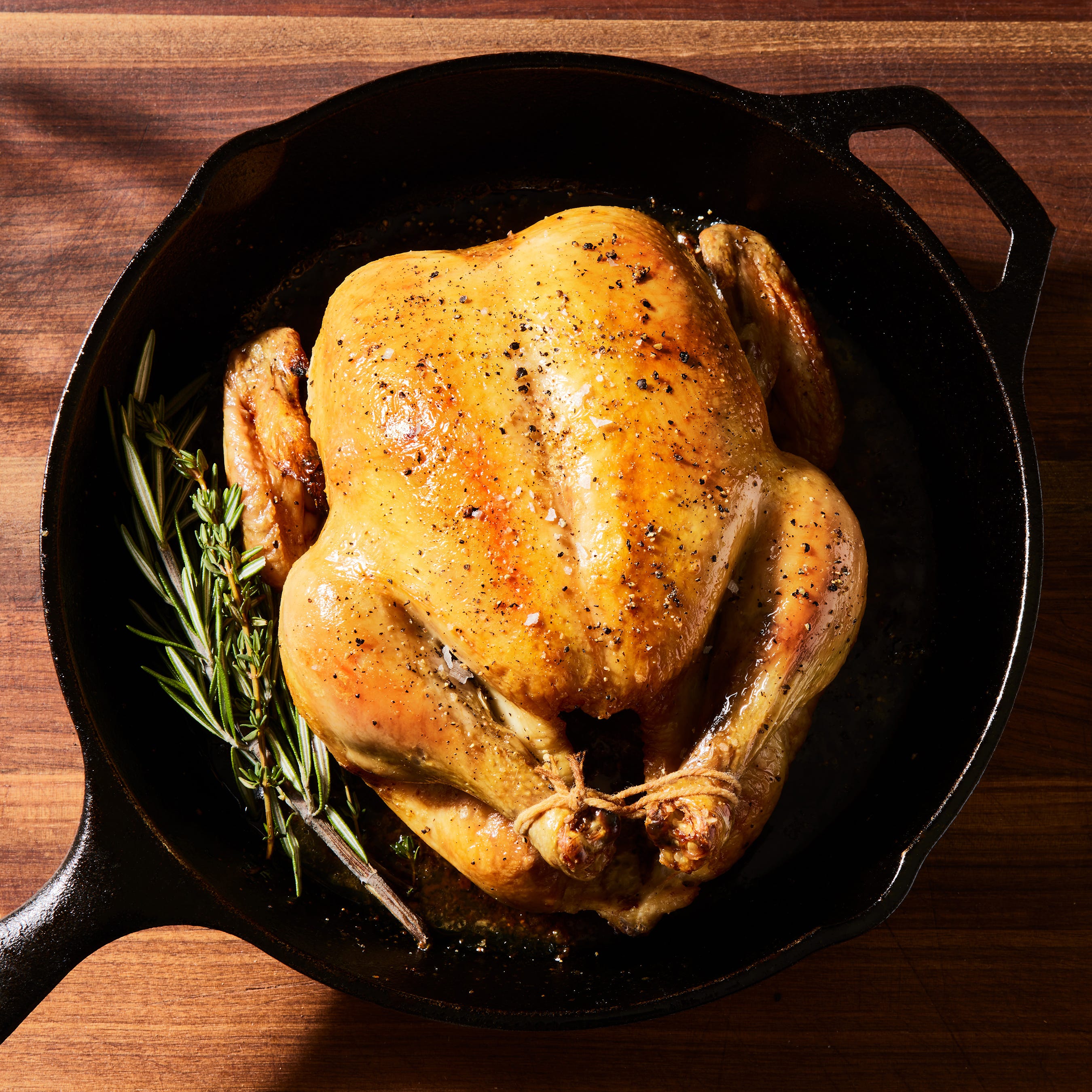roast chicken tied in a skillet with rosemary
